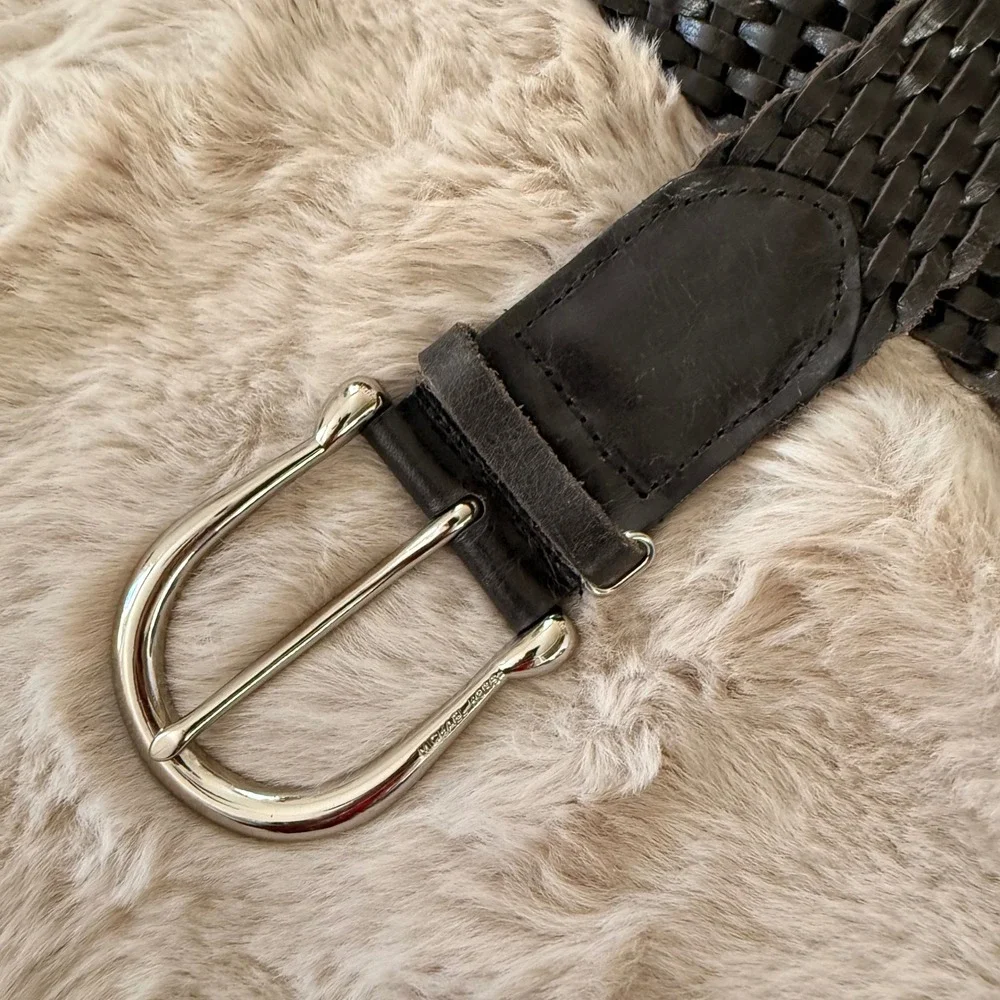 Michael Kors Braided Leather Belt Woven Horseshoe Silver Buckle Dark Brown Small